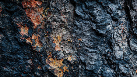 Textured rock surface displays shades of black, orange, and brown with unique patterns and rough featuresの素材