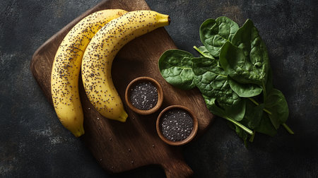 Bright ripe bananas and fresh spinach leaves sit on a cutting board next to two bowls of chia seeds.の素材