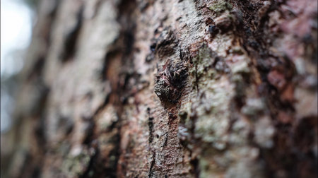 Detailed view captures the rough texture of tree bark in a serene forest. Nature's beauty is on display.の素材