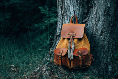 A brown and yellow backpack leans against a tree in a tranquil forest setting under natural light.の素材