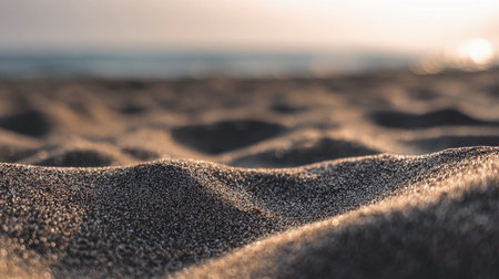 Gentle waves lap at a sandy shore as the sun sets, creating a serene scene of nature's beauty.の素材