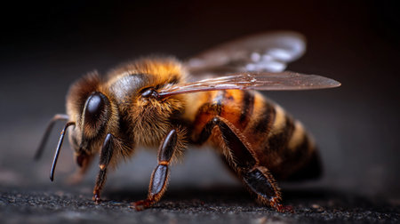 A bee is seen closely as it collects pollen from flowers in a natural setting during the day.の素材