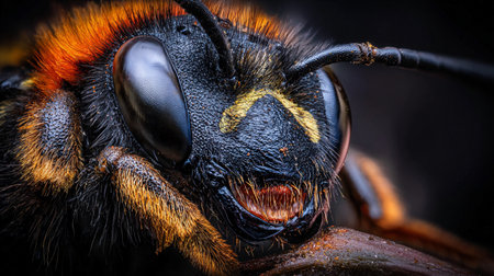 A macro view captures the intricate details of a bee's face, showing its vivid colors and textures in nature.の素材