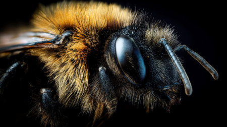 This close-up shows a bee, focusing on its furry body, large eyes, and detailed anatomy.の素材