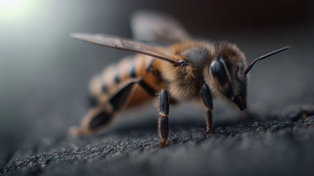 A bee gathers pollen from a flower in a garden under soft sunlight in the early afternoon.の素材