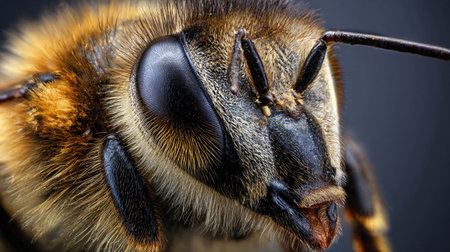 A focused view of a bee reveals its fuzzy face and large eyes with stunning details captured in natural light.の素材