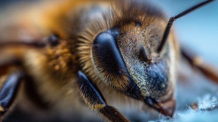 A honeybee's head with intricate details, highlighting its eyes and antennae under soft light.の素材