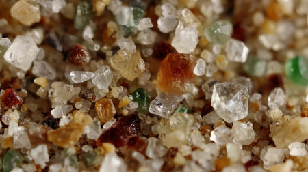 Small, colorful grains of sand collected from a beach, showing various textures and colors.の素材