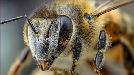 A bee collects nectar, revealing intricate details of its body in a natural environment during daylight.の素材