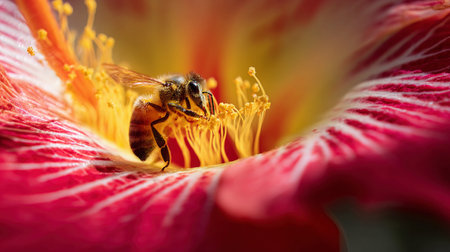 A bee gathers pollen from the colorful center of a red flower during a sunny day.の素材