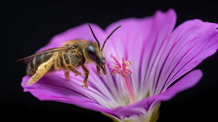 A bee is busy gathering pollen from a bright purple flower in a sunny setting.の素材