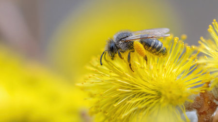 A bee is busy gathering pollen from a bright yellow flower during the spring season in a natural setting.の素材