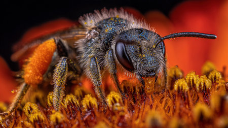 Close-up view of a bee collecting nectar from a colorful flower, showing nature's beauty and teamwork.の素材