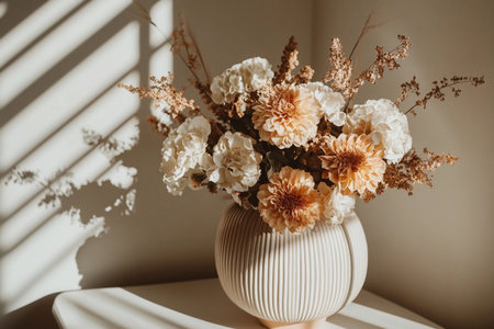 A beautiful bouquet of dried flowers in a textured vase sits on a table, illuminated by afternoon sunlight.の素材