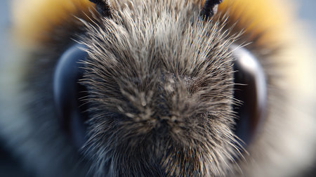 A bumblebee is resting, revealing its fuzzy body and large eyes in intricate detail and natural lighting.の素材