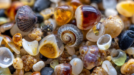 Brightly colored seashells and pebbles mix together on the warm sand during a beautiful sunset.の素材