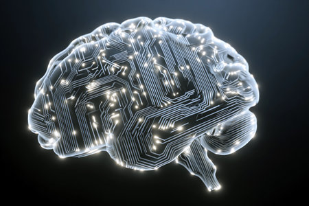 A brain crafted from bright circuitry wires glows in a dark setting, showing digital creativity and technology.の素材