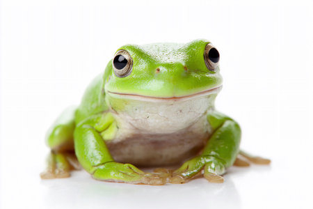 A green tree frog is comfortably sitting on pure white wet skin, showing its smooth texture.の素材