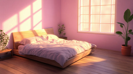 Bright and calm pastel bedroom features a simple bed, wooden flooring, and vibrant plants in the light.の素材