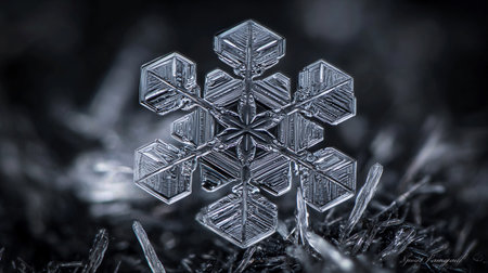 This detailed view captures a snowflake's unique geometry against a dark background, highlighting nature's artistry.の素材