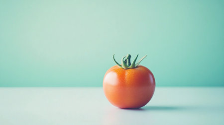 Bright red tomato rests on a smooth surface against a soft pastel backdrop, highlighting modern minimalism.の素材