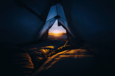 Soft twilight light filters into a cozy hiking tent, creating a peaceful atmosphere at dusk.の素材