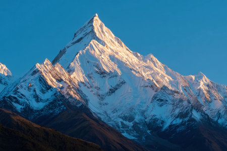 Golden hour light illuminates the snowy mountain peak, creating a stunning view against the blue sky.の素材