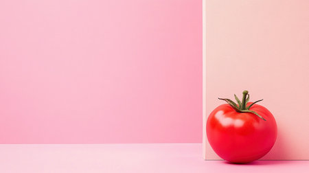 A vibrant red tomato rests against a soft pink backdrop, showing modern minimalism with simple beauty.の素材