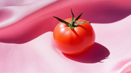 Bright red tomato sits elegantly on a smooth pastel surface, highlighting its natural beauty and simplicity.の素材