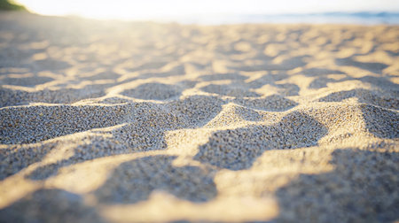 Gentle morning light casts shadows on the fine sand, showcasing intricate textures in a serene beach scene.の素材