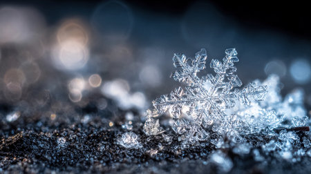 Detailed geometry of a snowflake rests on a dark surface during a cold winter day, highlighting its unique beauty.の素材