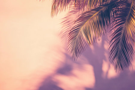 Gentle palm shadows blend with a soft pastel background, evoking tranquility and warmth in a peaceful setting.の素材