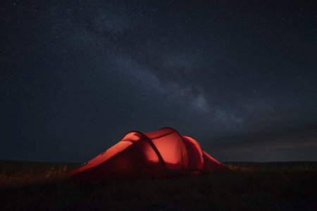 A tent glows softly from within, illuminated by the night as stars and the Milky Way shine brightly above.の素材