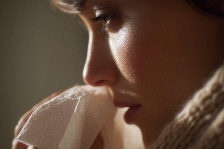 A sick young woman blows her nose while wrapped in a warm scarf, looking fatigued at home during winter.の素材
