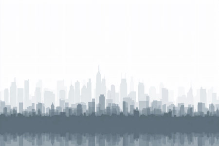 A silhouette of a modern city skyline in monochrome, set against a lighter background, evokes a futuristic feel.の素材