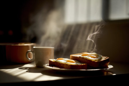 Soft sunlight fills a cozy kitchen, showcasing toast with eggs and a steaming cup of coffee on the table.の素材