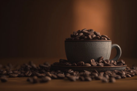A steaming ceramic cup filled with roasted coffee beans sits on a wooden table, surrounded by scattered beans.の素材