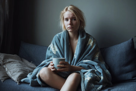 A young woman sits on her sofa, wrapped in a blanket, holding a warm drink while feeling sick.の素材