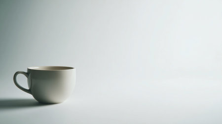A realistic coffee cup rests on the left side of a simple white background, creating a clean and minimal design.の素材