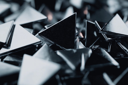 Metallic triangles lay on a dark surface, reflecting soft light, creating an abstract visual effect.の素材