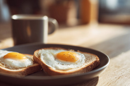 A cozy breakfast setting features golden toast topped with sunny-side up eggs alongside a warm cup of coffee.の素材