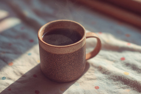 A steaming ceramic mug sits on a soft surface, inviting warmth on a bright morning.の素材