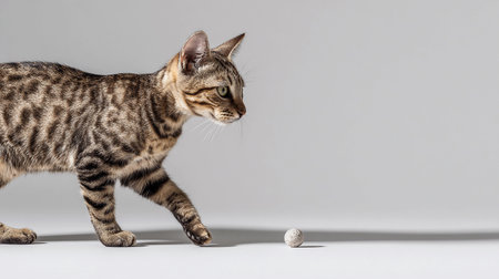 A playful adult cat is focused on a small ball while exploring a bright indoor space.の素材