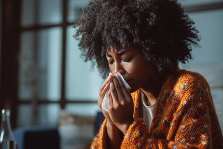 Sick young woman in an orange sweater blows her nose, looking tired while sitting indoors during the day.の素材