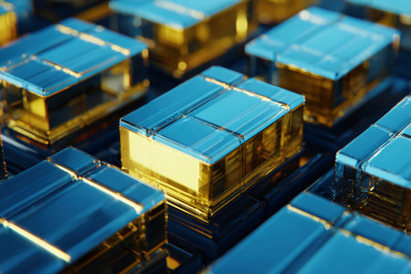 Various metallic shapes display soft reflections and intricate details in a vibrant arrangement.の素材