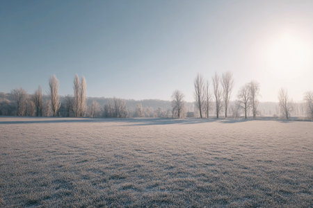 A serene snowy landscape features frosted trees under gentle morning light. The scene evokes calm and beauty.の素材