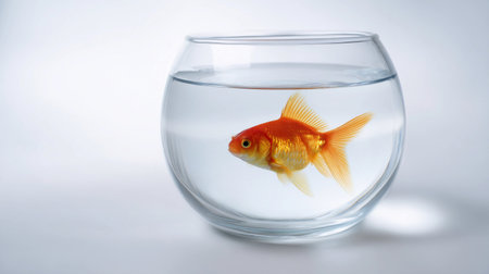 Small goldfish swims gracefully in a clear glass bowl with water, set against a light background, showing its colors.の素材