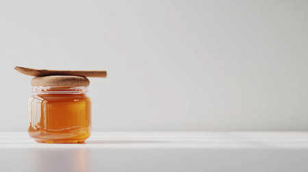 A jar of honey sits on a light surface with a wooden spoon placed next to it, highlighting its rich color.の素材