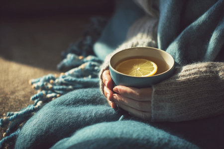 Young woman wrapped in a blanket holds a bowl of warm drink with lemon slices while resting.の素材