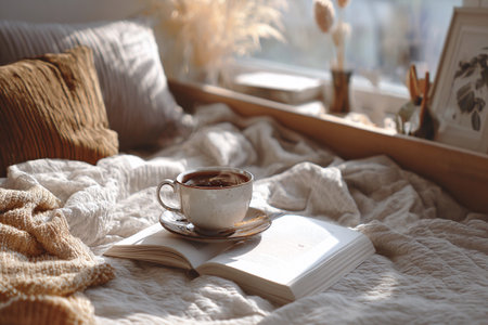 Morning light fills the room as a warm cup of coffee sits beside an open book on a soft bed.の素材